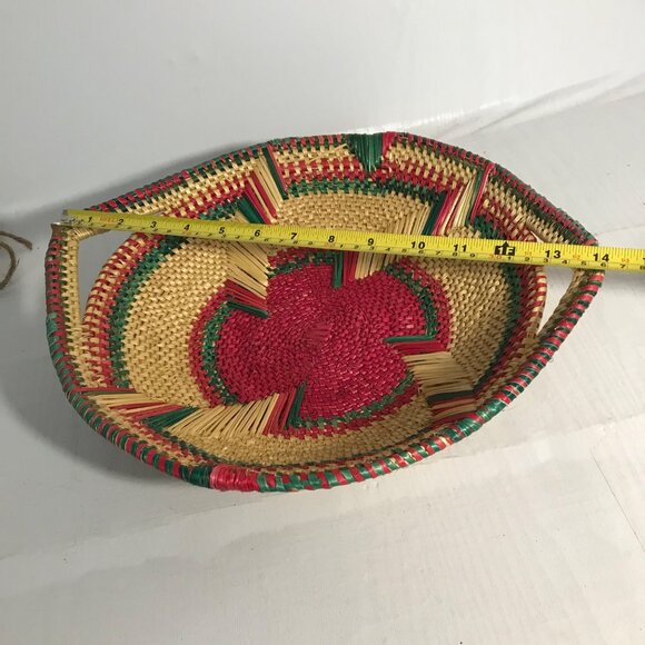 Handwoven Basket Woven Grass Red Green Beige Natural Dye Loop Handles 12" - Picture 7 of 7